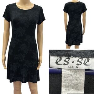 Vintage ESSE Floral Black and Gray Short Sleeve A Line Fit Flare Dress Size M